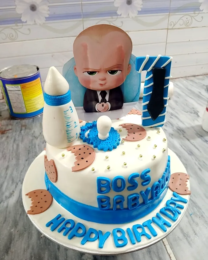 Boss Baby birthday cake in blue and white