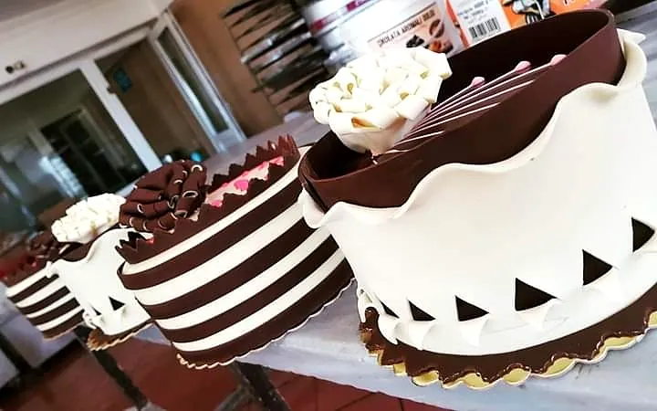 Chocolate and white striped cakes with chocolate curls